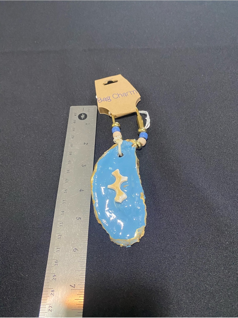 Blue Oyster Shell-Style Bag Charm Keychain with Gold Trim